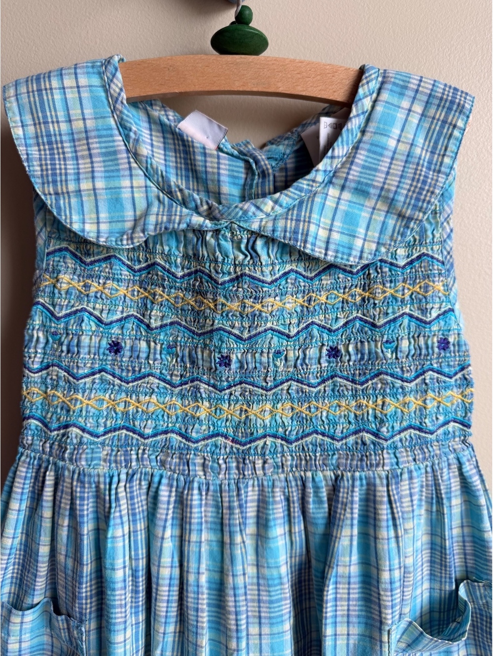 Vintage 90s McKids Smocked Plaid Dress Size 5 Light Aqua